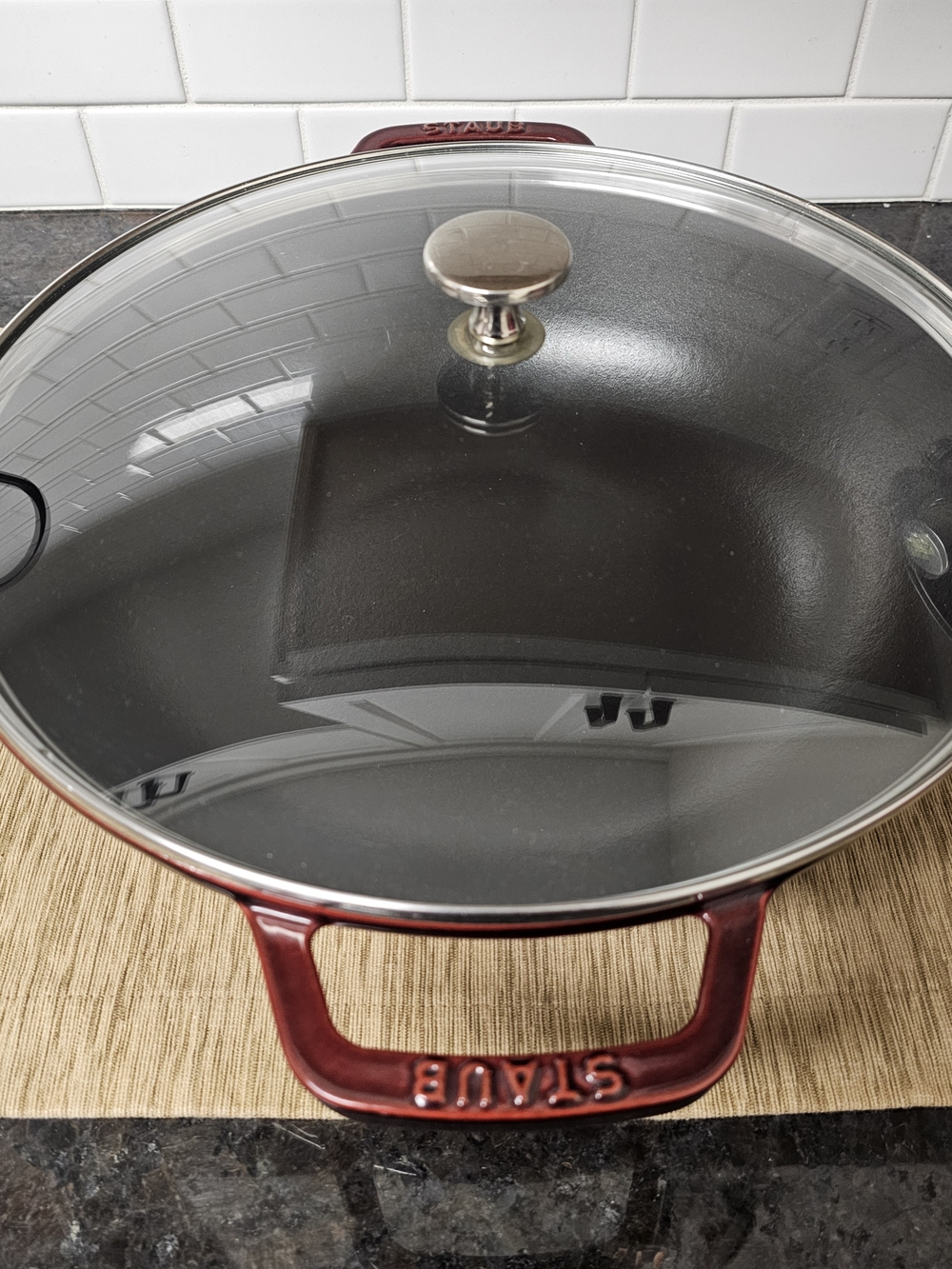 Staub Burgundy Enameled Cast Iron Skillet with Glass Lid